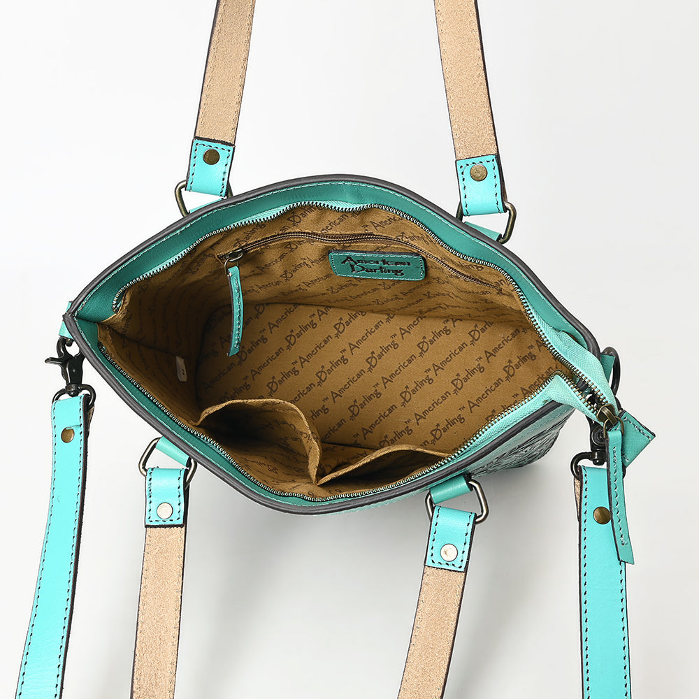 ADBGZ783 Hand-Tooled Turquoise Leather Tote Bag - Western Floral Design with Detachable Strap