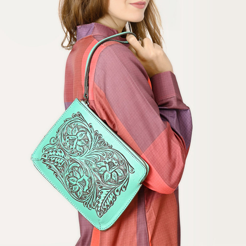 ADBGZ784 Hand-Tooled Leather Wristlet Clutch - Western Floral Design