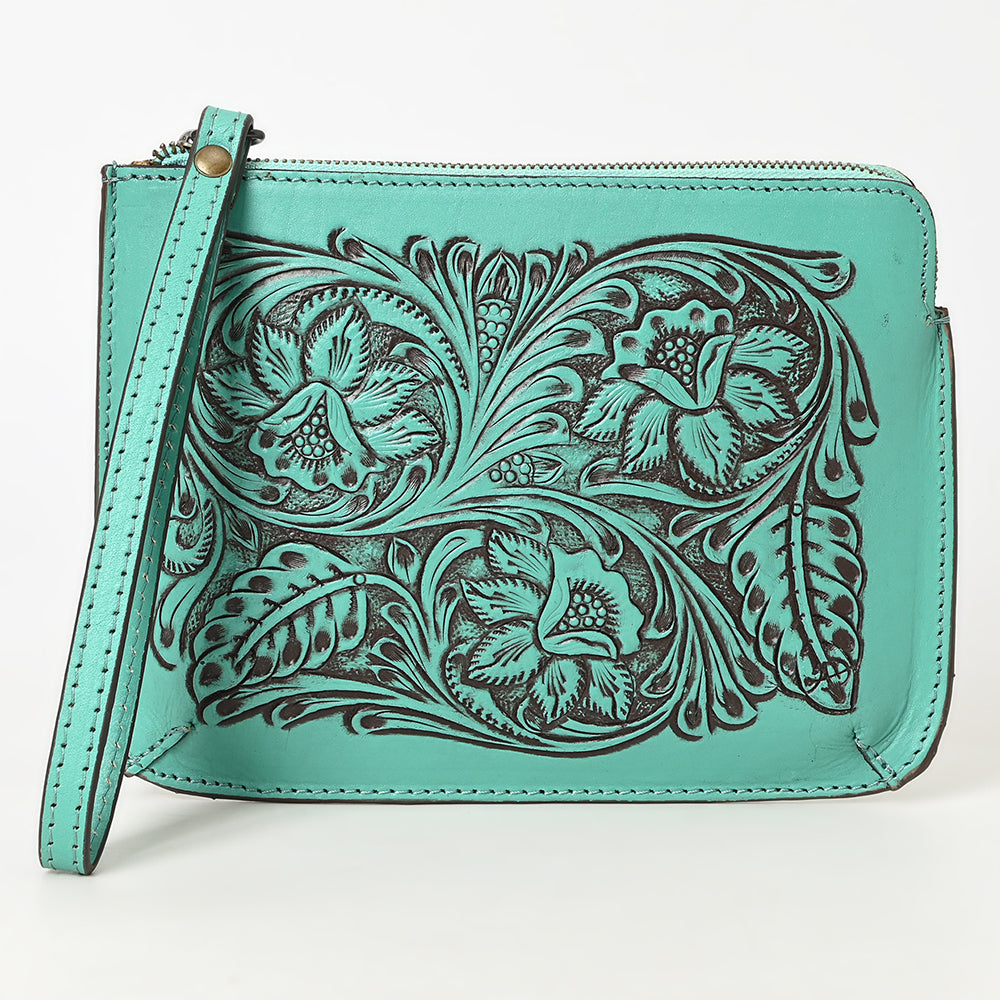 ADBGZ784 Hand-Tooled Leather Wristlet Clutch - Western Floral Design