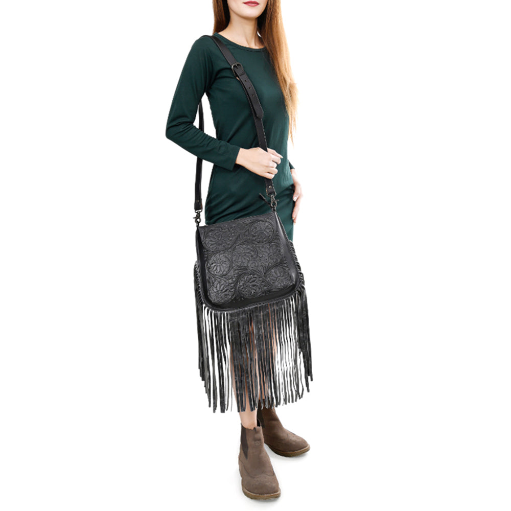 ADBGZ826A Black Hand-Tooled Leather Fringe Messenger Bag Western Saddle Style