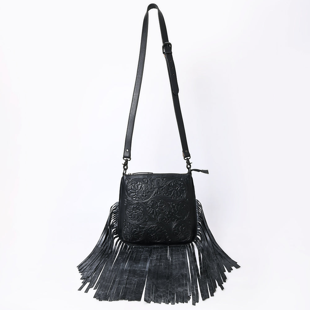 ADBGZ826A Black Hand-Tooled Leather Fringe Messenger Bag Western Saddle Style