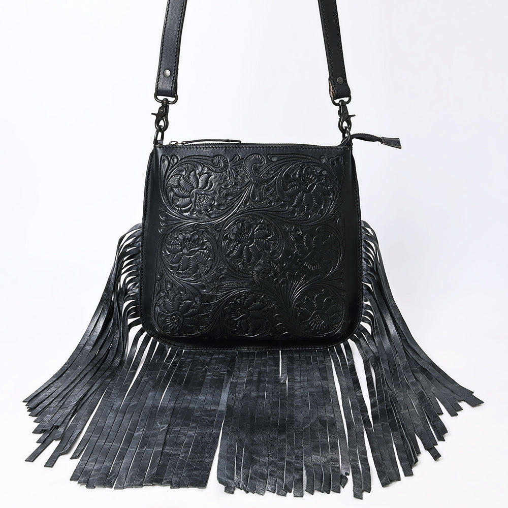ADBGZ826A Black Hand-Tooled Leather Fringe Messenger Bag Western Saddle Style