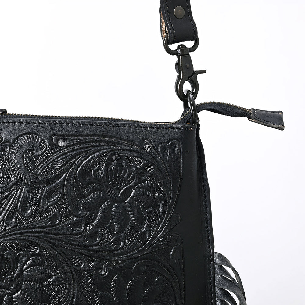 ADBGZ826A Black Hand-Tooled Leather Fringe Messenger Bag Western Saddle Style