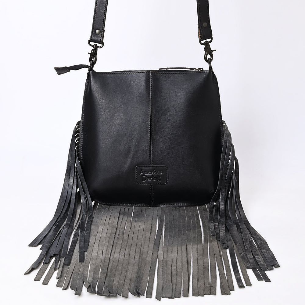 ADBGZ826A Black Hand-Tooled Leather Fringe Messenger Bag Western Saddle Style
