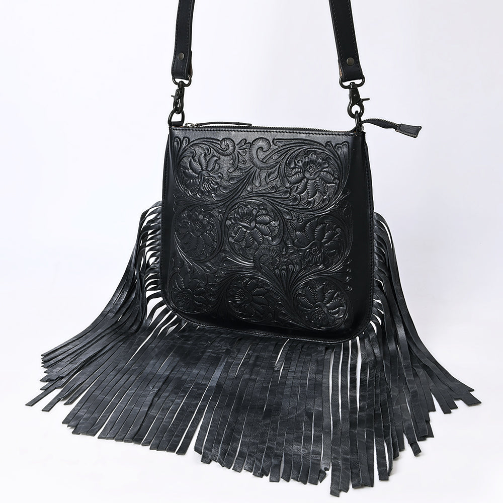 ADBGZ826A Black Hand-Tooled Leather Fringe Messenger Bag Western Saddle Style