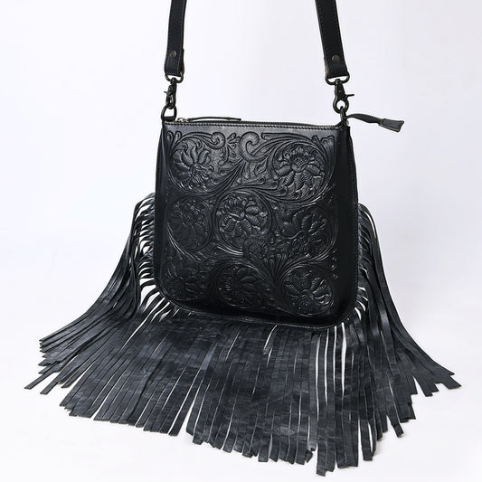 ADBGZ826A Black Hand-Tooled Leather Fringe Messenger Bag Western Saddle Style