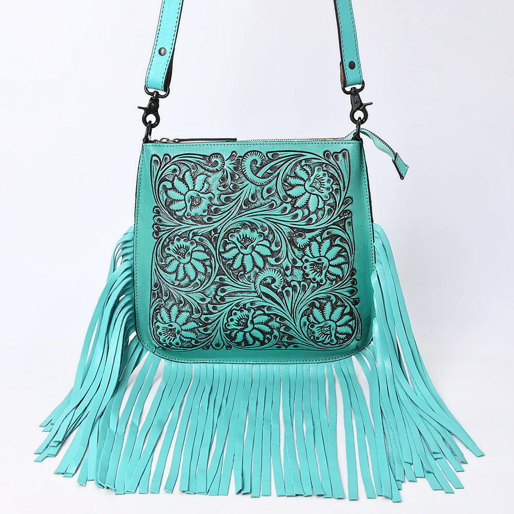 ADBGZ826 Hand-Tooled Leather Fringe Messenger Bag Western Floral Saddle Style