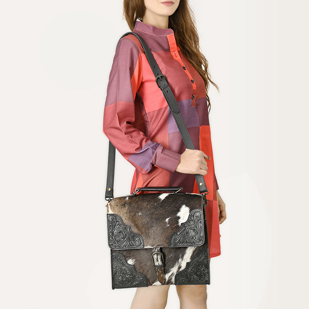 ADBGZ827A Black & White Cowhide Western Briefcase Bag Hand-Tooled Leather Trim