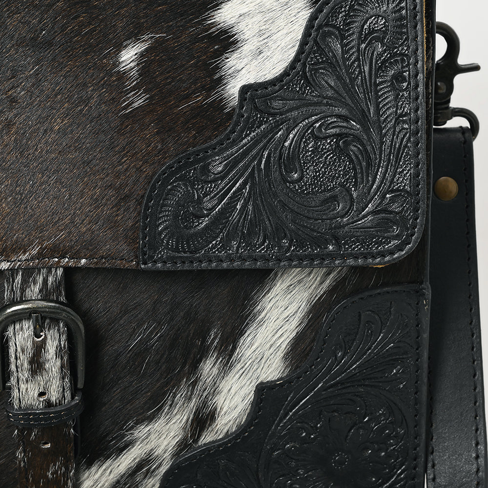 ADBGZ827A Black & White Cowhide Western Briefcase Bag Hand-Tooled Leather Trim