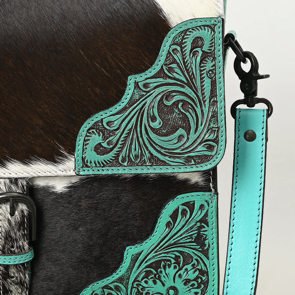 ADBGZ827 Cowhide & Hand-Tooled Leather Western Briefcase Bag - Natural Hair-On with Floral Accents