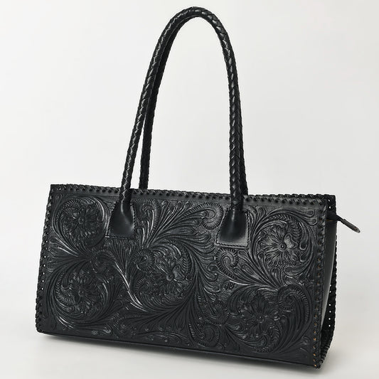 ADBGZ833A Black Hand-Tooled Leather Western Tote bag Braided Handles & Floral Carving