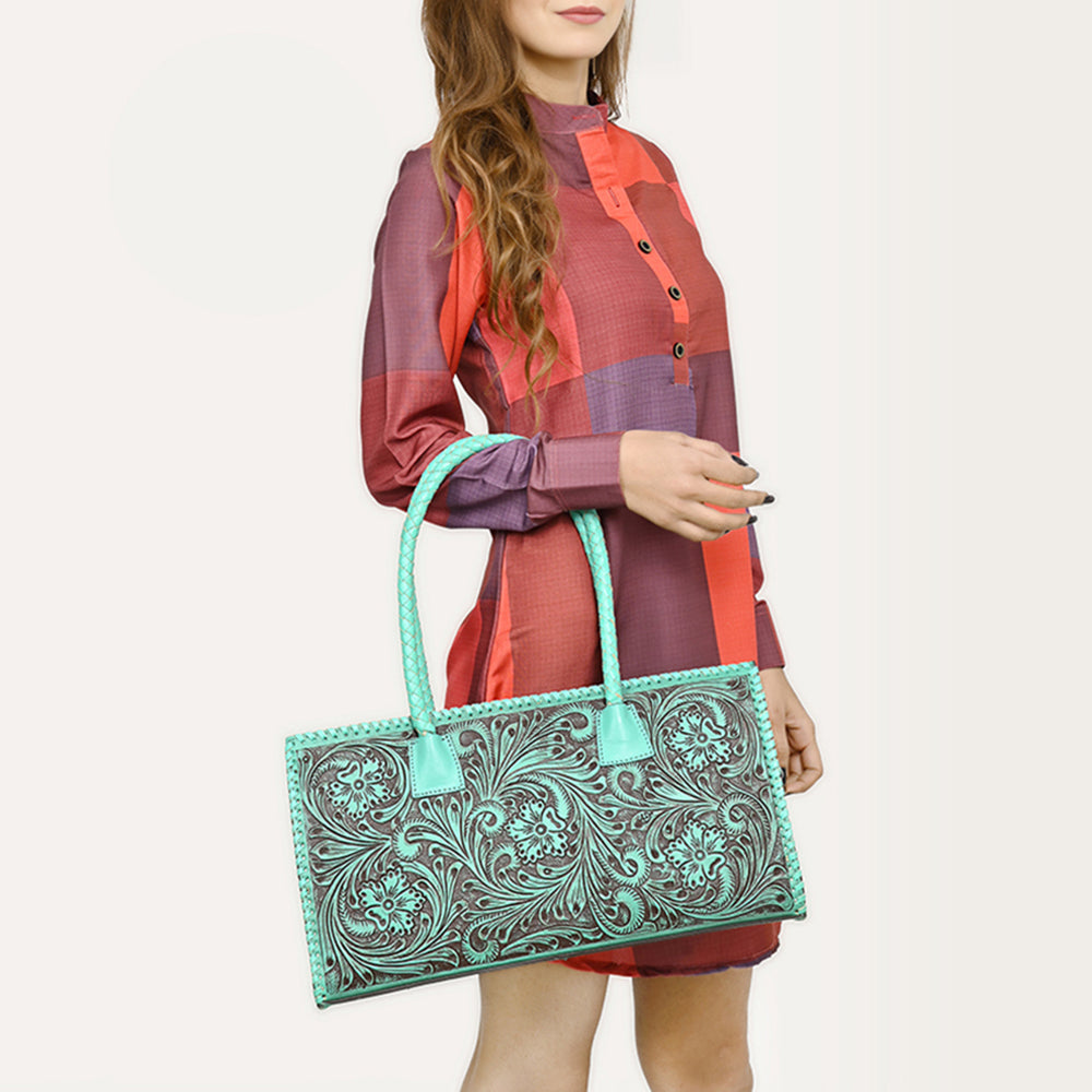 ADBGZ833 Hand-Tooled Leather Western Handbag - Floral Design with Braided Handles