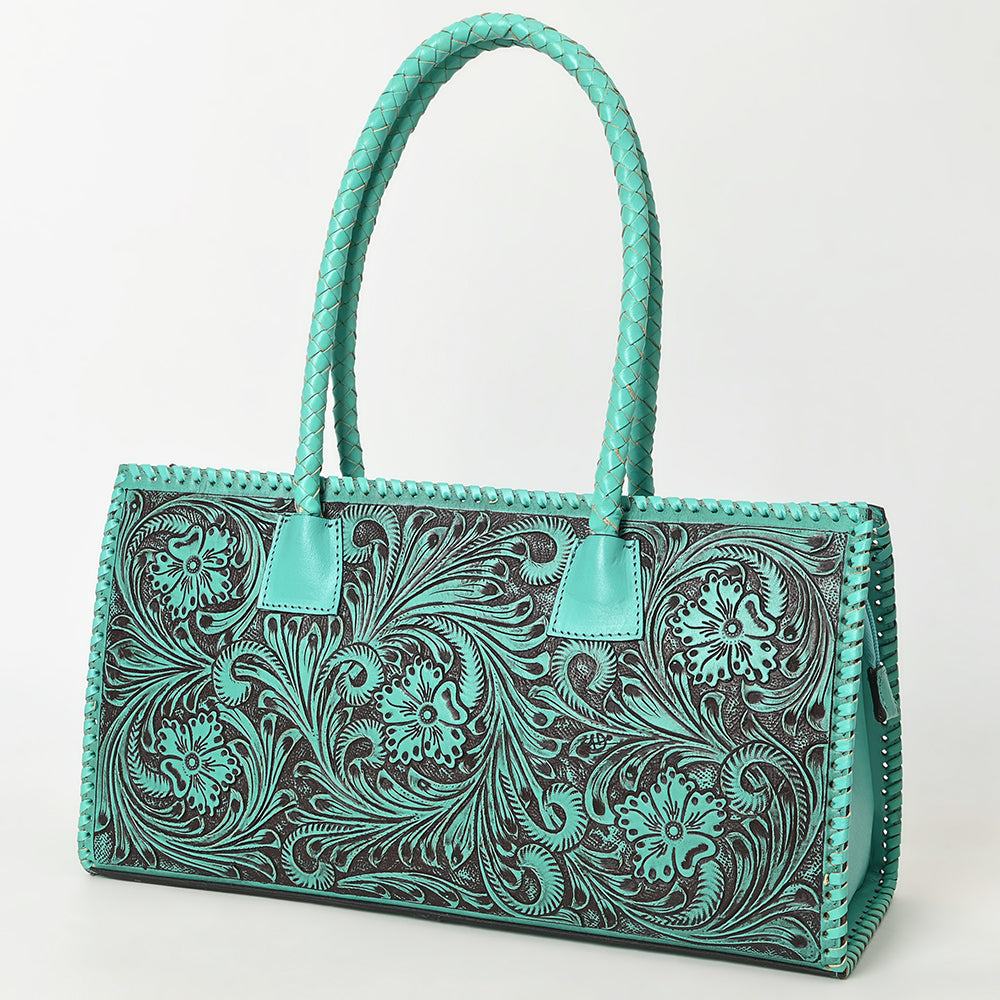 ADBGZ833 Hand-Tooled Leather Western Handbag - Floral Design with Braided Handles