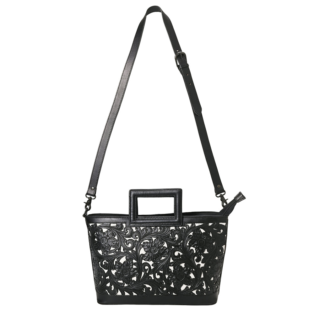 ADBGZ835A Black & White Hand-Tooled Leather Western Tote Handbag Cutout Handle & Floral Overlay