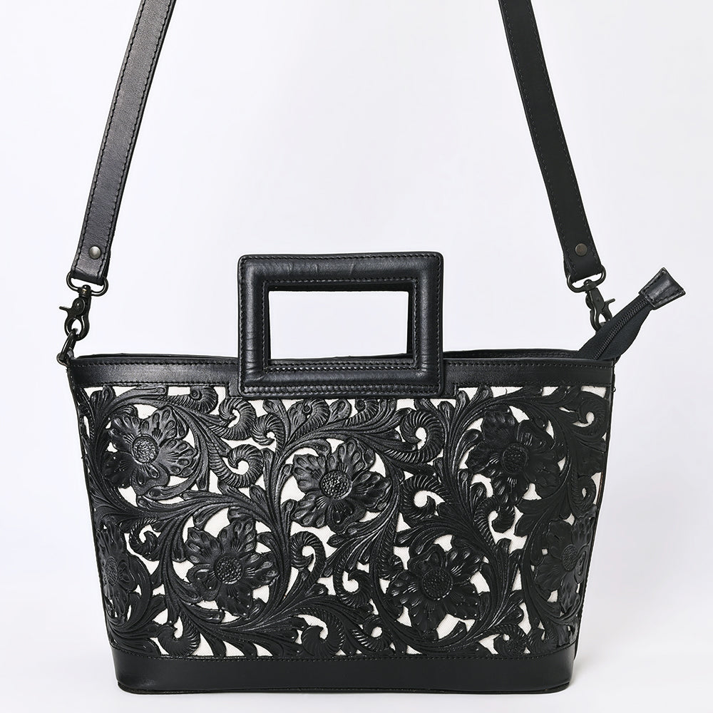 ADBGZ835A Black & White Hand-Tooled Leather Western Tote Handbag Cutout Handle & Floral Overlay