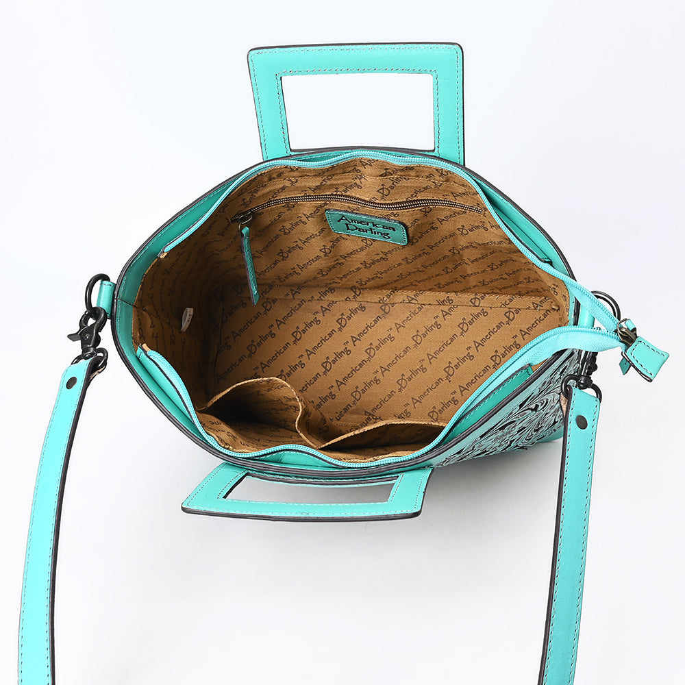 ADBGZ835 Hand-Tooled Leather Western Tote Handbag - Square Handle Design