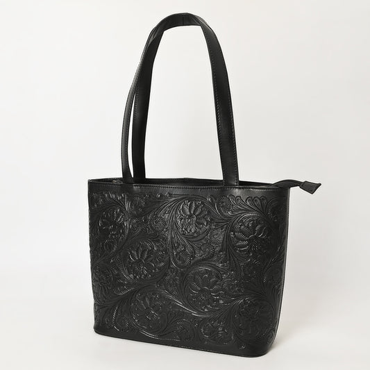 ADBGZ837A Black Hand-Tooled Leather Tote Bag Western Floral Elegance