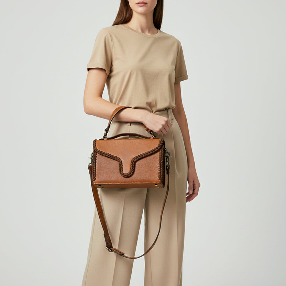 ADBGM435 Western Leather Crossbody Bag with Braided Edge & Top Handle - Genuine Tan Cowhide