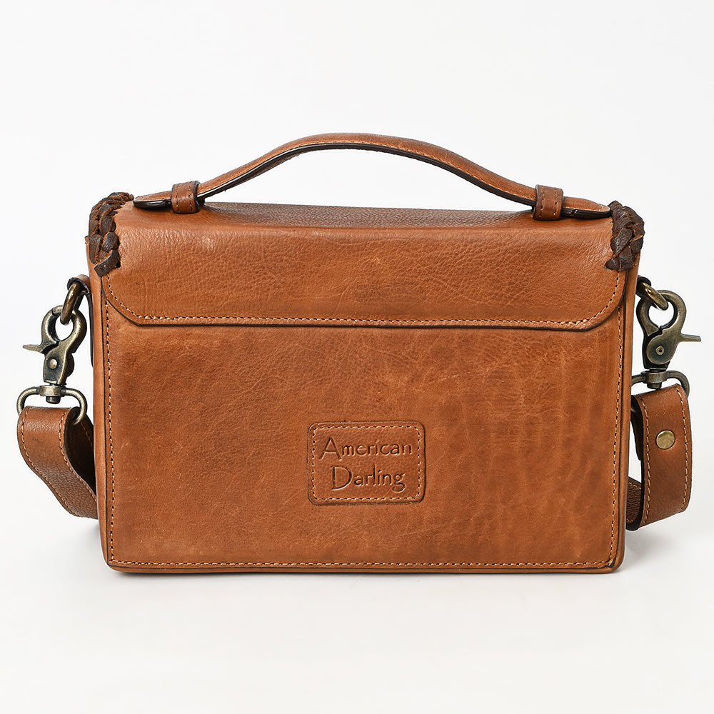 ADBGM435 Western Leather Crossbody Bag with Braided Edge & Top Handle - Genuine Tan Cowhide