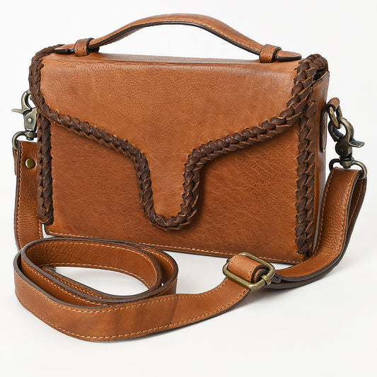 ADBGM435 Western Leather Crossbody Bag with Braided Edge & Top Handle - Genuine Tan Cowhide