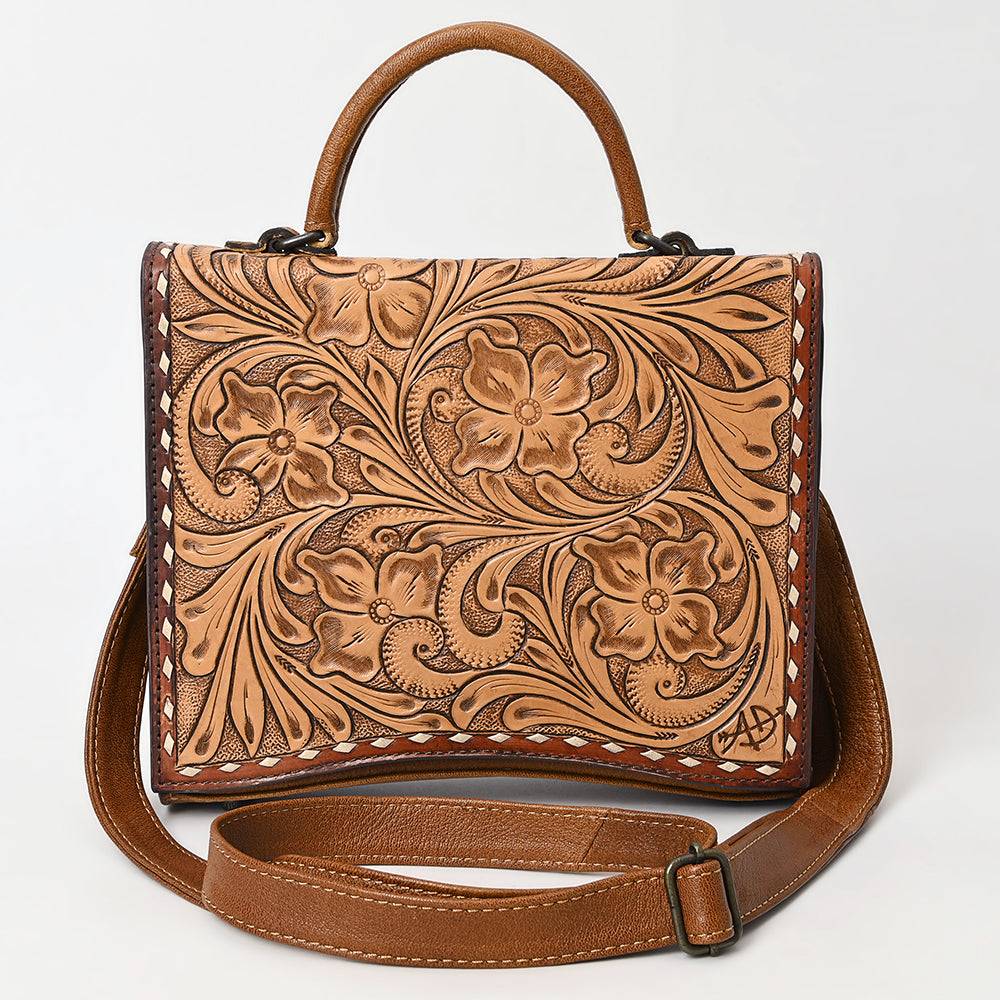 ADBG1487 American Darling Hand-Tooled Leather Messenger Bag - Floral Carved Genuine Western Purse