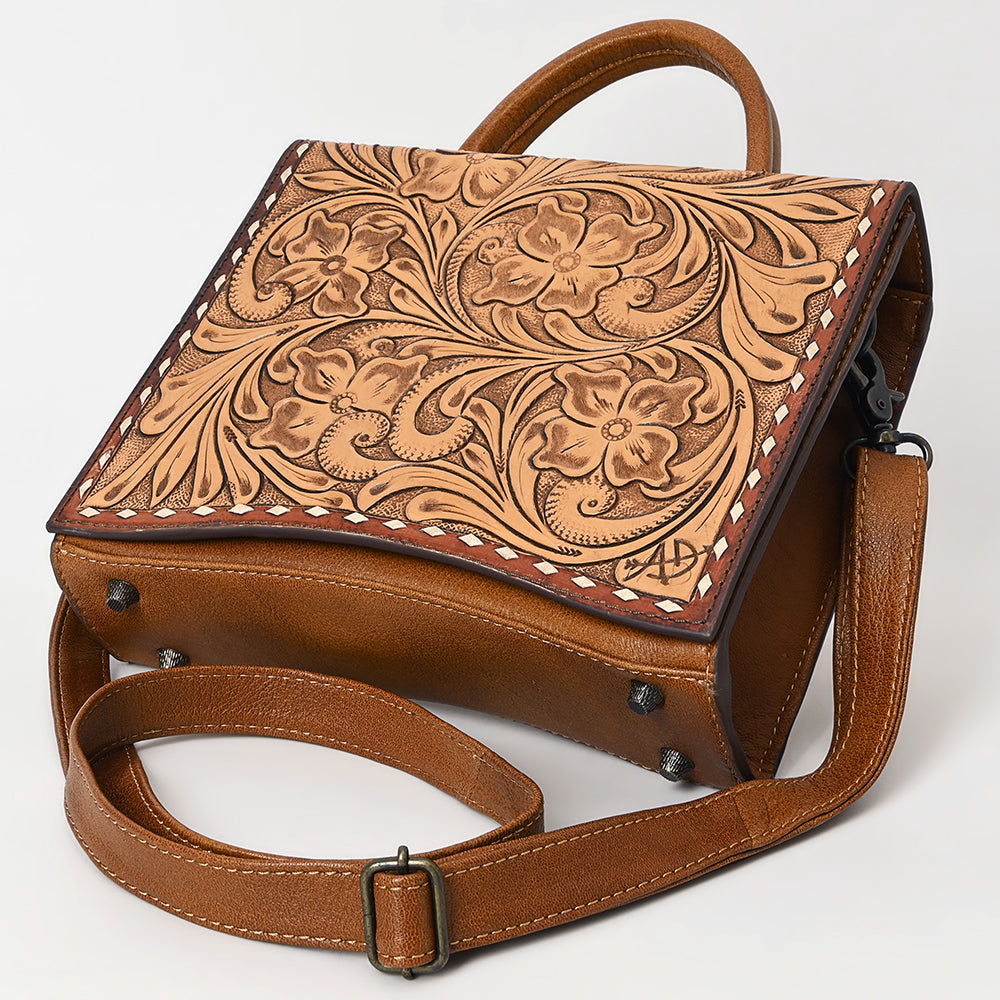ADBG1487 American Darling Hand-Tooled Leather Messenger Bag - Floral Carved Genuine Western Purse