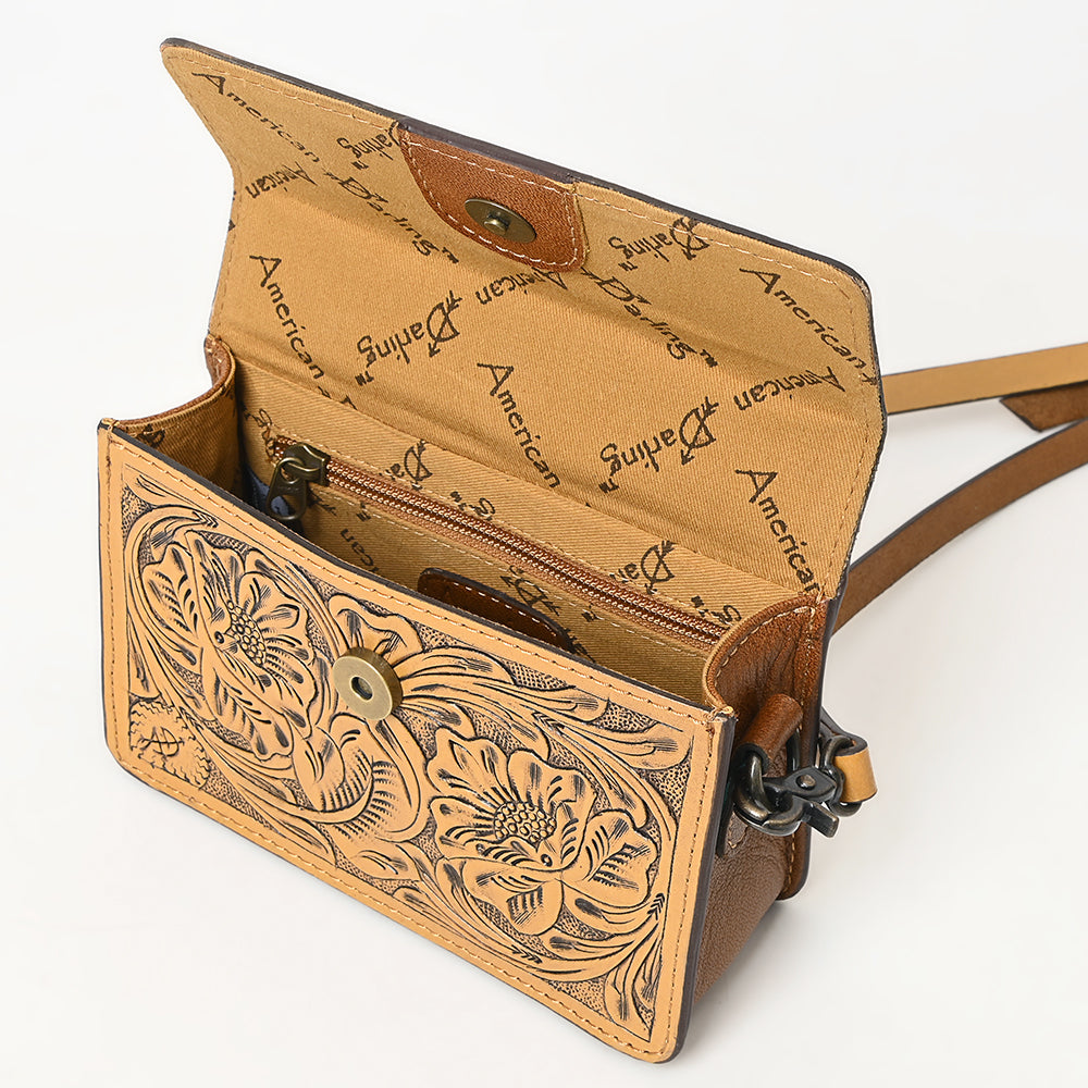 ADBG1491 American Darling Hand-Tooled Leather Small Cross Body Bag - Floral Carved Western Purse