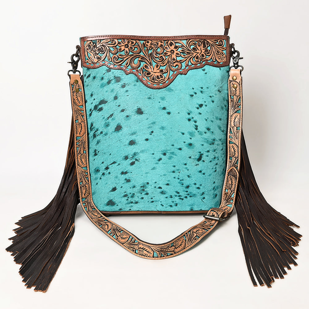 ADBG1493 American Darling Hand-Tooled Leather Large Crossbody Bag - Hair-On Cowhide Fringe Purse