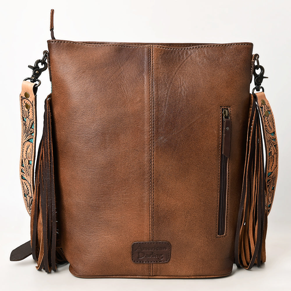 ADBG1493 American Darling Hand-Tooled Leather Large Crossbody Bag - Hair-On Cowhide Fringe Purse
