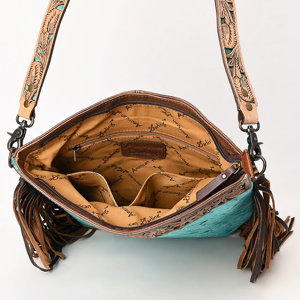 ADBG1493 American Darling Hand-Tooled Leather Large Crossbody Bag - Hair-On Cowhide Fringe Purse