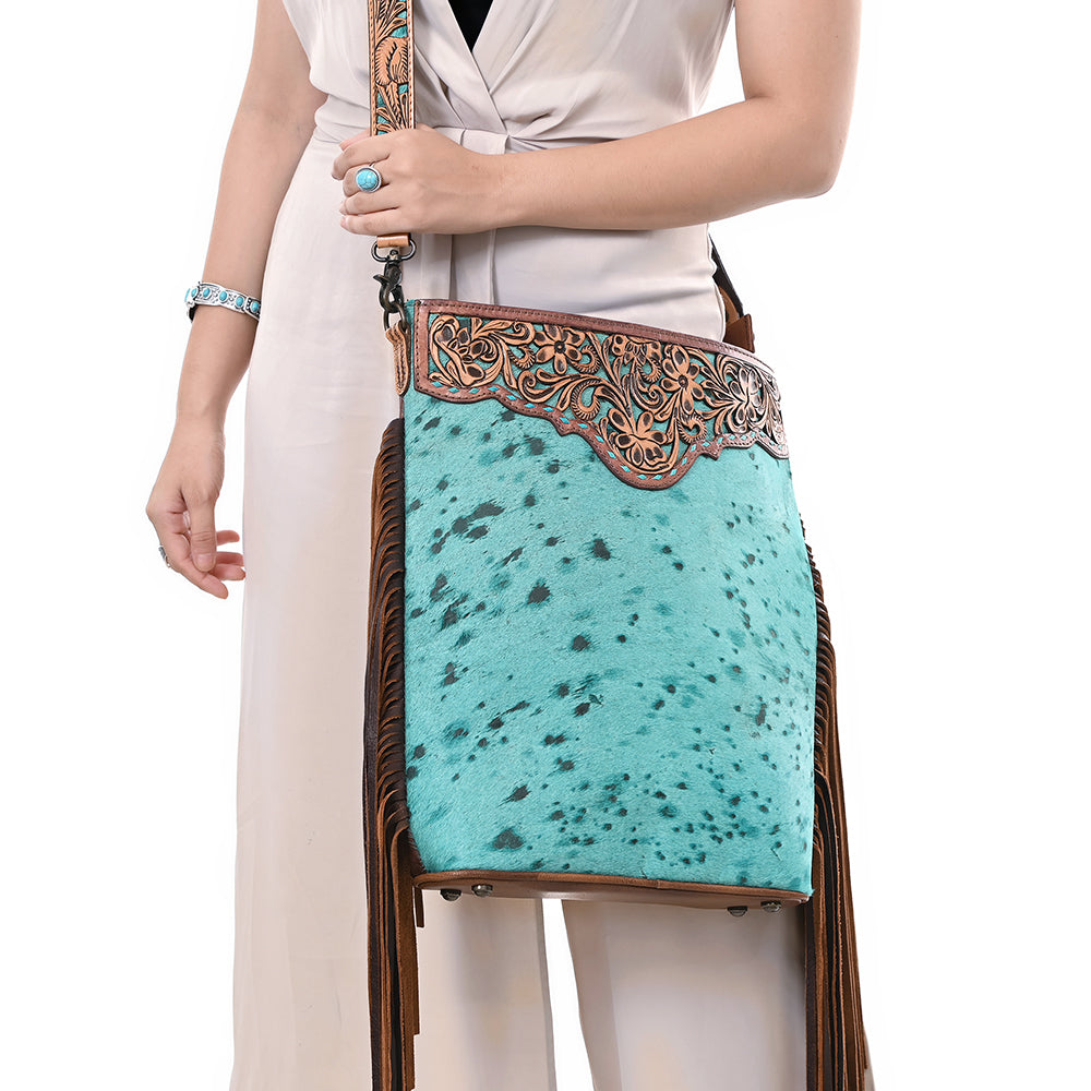 ADBG1493 American Darling Hand-Tooled Leather Large Crossbody Bag - Hair-On Cowhide Fringe Purse