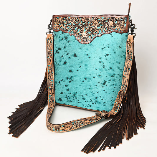 ADBG1493 American Darling Hand-Tooled Leather Large Crossbody Bag - Hair-On Cowhide Fringe Purse