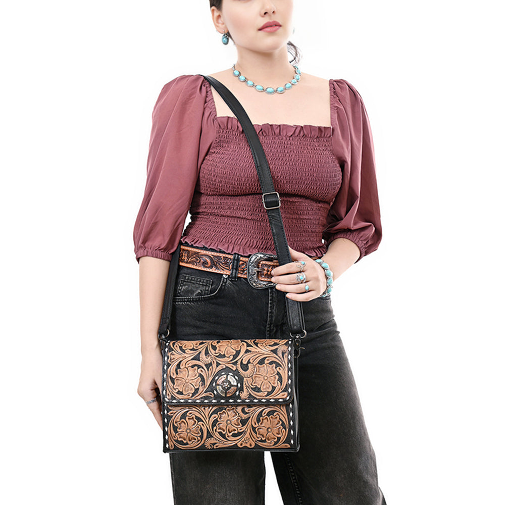 ADBG1494 American Darling Hand-Tooled Leather Small Crossbody Bag - Floral Carved Buckstitched Purse