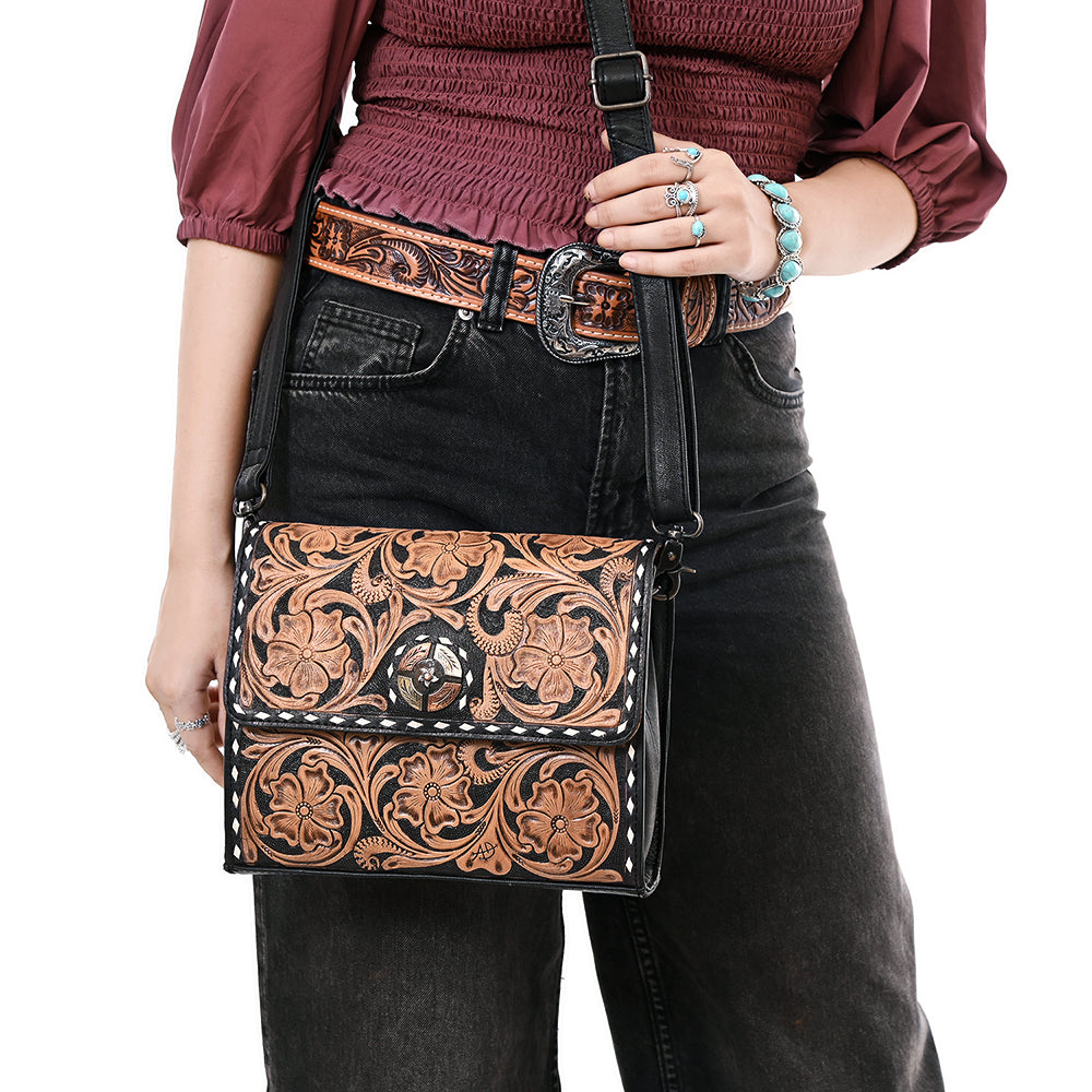 ADBG1494 American Darling Hand-Tooled Leather Small Crossbody Bag - Floral Carved Buckstitched Purse