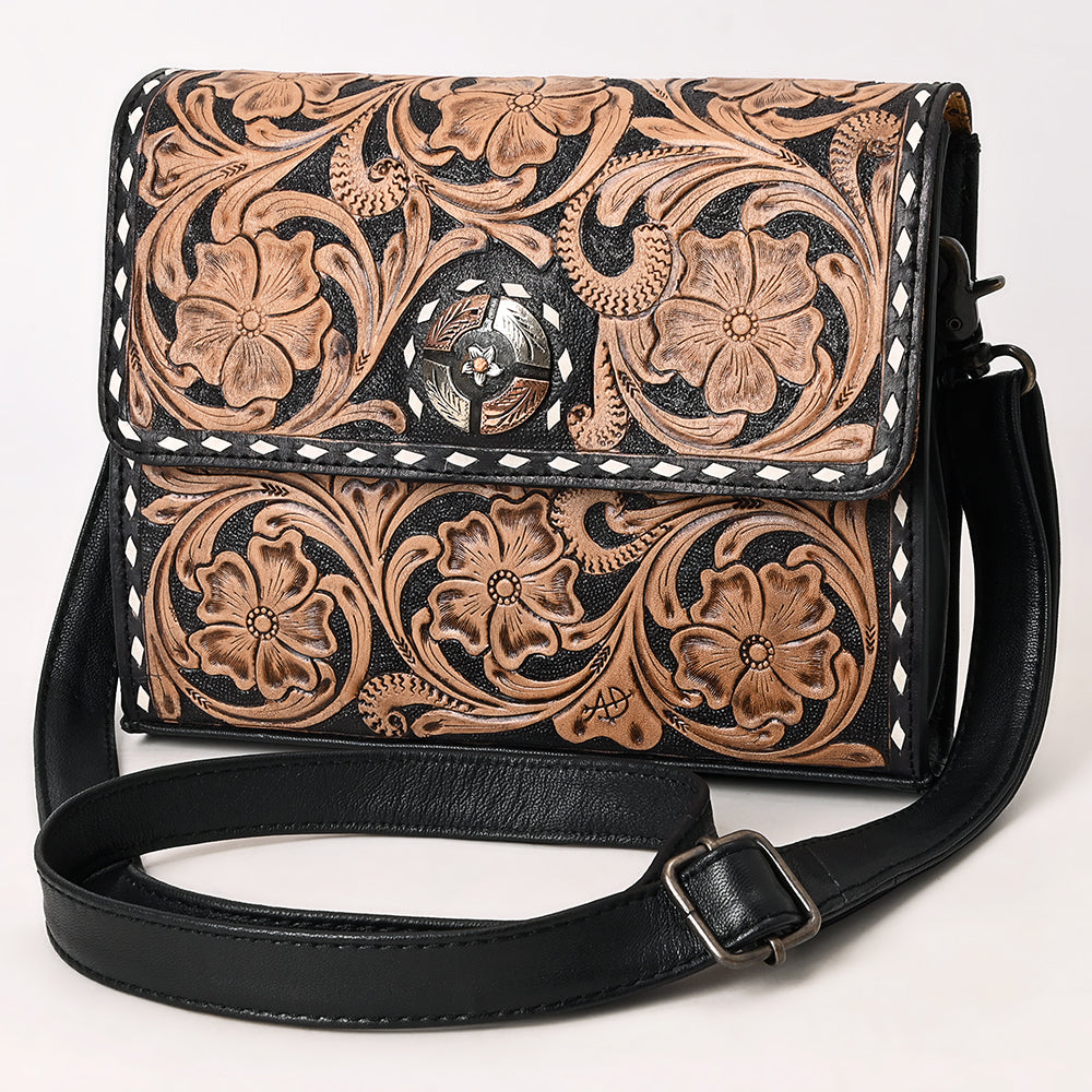 ADBG1494 American Darling Hand-Tooled Leather Small Crossbody Bag - Floral Carved Buckstitched Purse