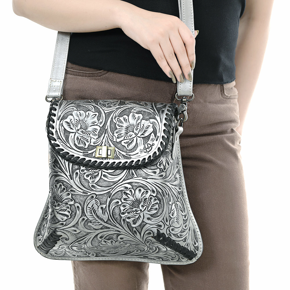 ADBG1496 American Darling Hand-Tooled Leather Crossbody Bag - Floral Carved Western Purse