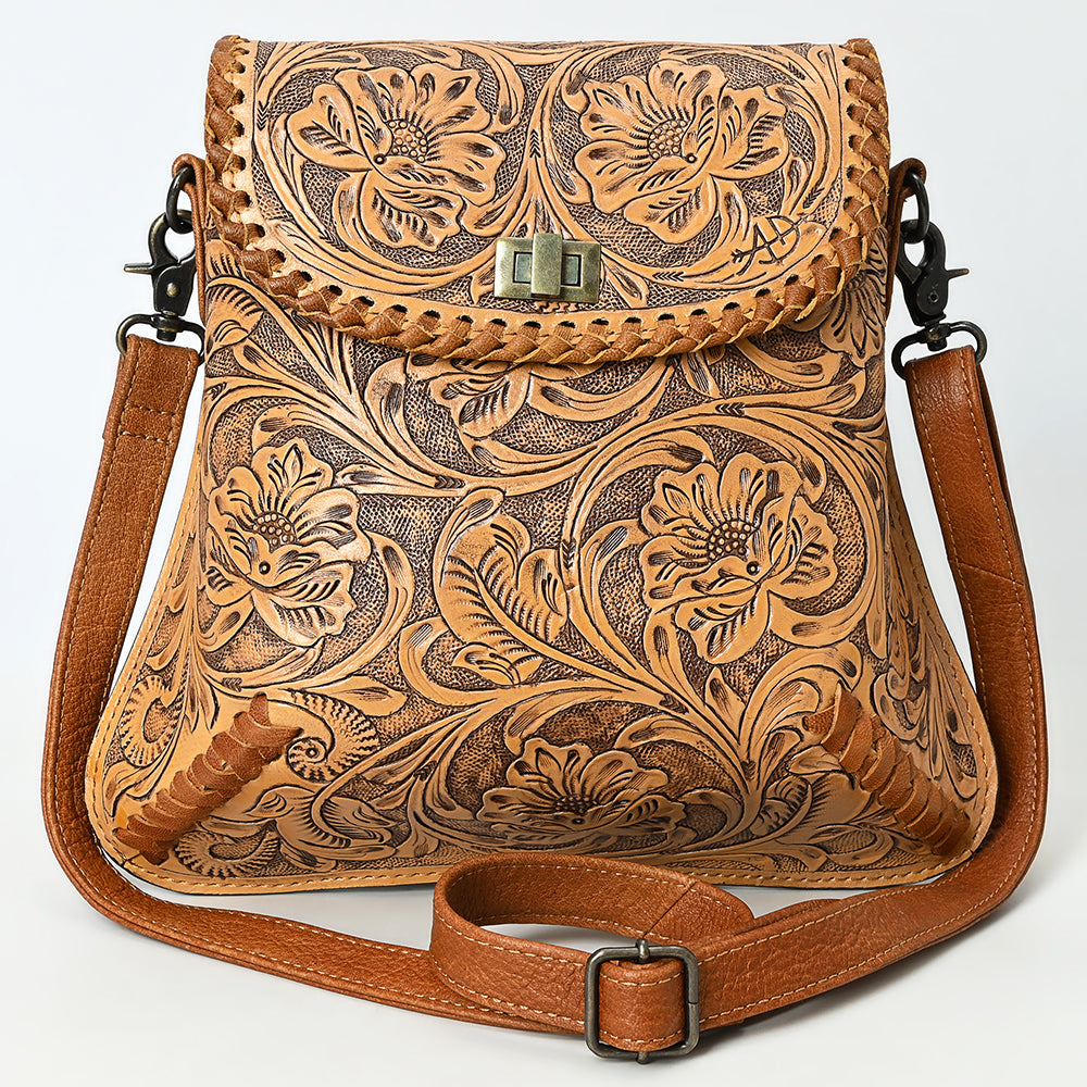 ADBG1496 American Darling Hand-Tooled Leather Crossbody Bag - Floral Carved Western Purse