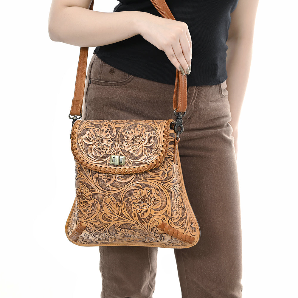 ADBG1496 American Darling Hand-Tooled Leather Crossbody Bag - Floral Carved Western Purse