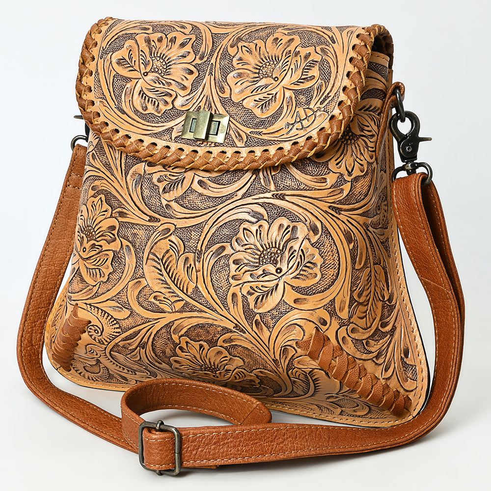 ADBG1496 American Darling Hand-Tooled Leather Crossbody Bag - Floral Carved Western Purse