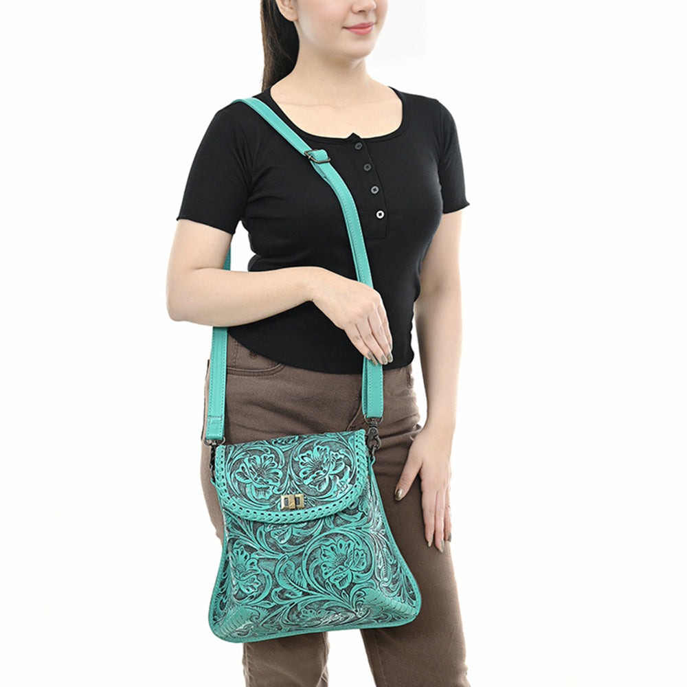 ADBG1496 American Darling Hand-Tooled Leather Crossbody Bag - Floral Carved Western Purse