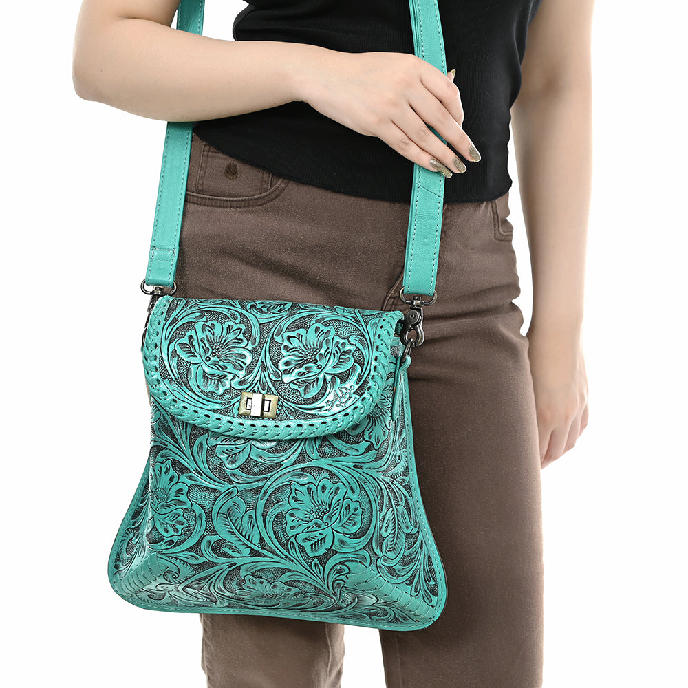 ADBG1496 American Darling Hand-Tooled Leather Crossbody Bag - Floral Carved Western Purse
