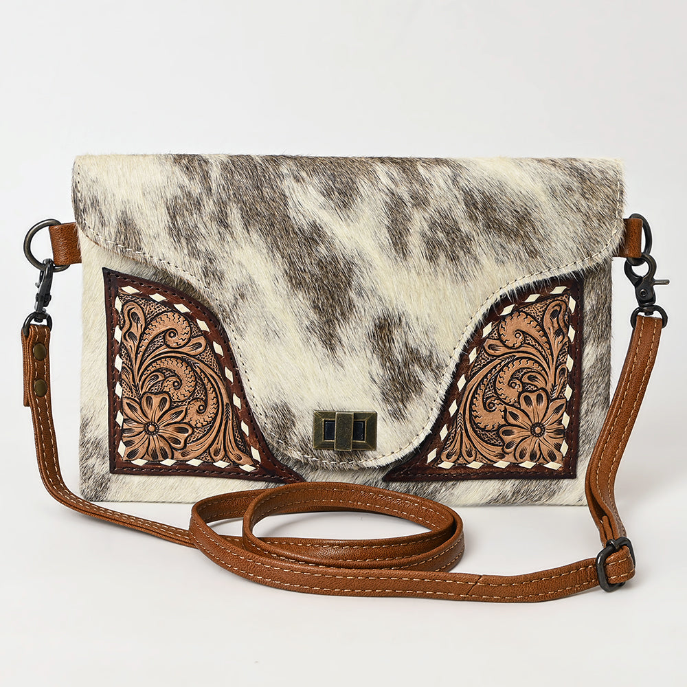 ADBG1497 American Darling Hair-on Cowhide Leather Envelope Bag - Hand-Tooled Floral Western Crossbody