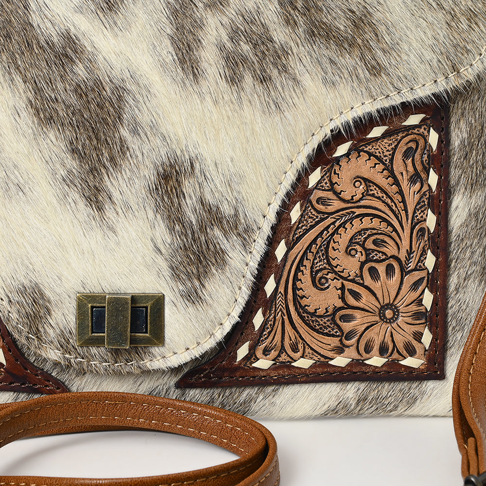 ADBG1497 American Darling Hair-on Cowhide Leather Envelope Bag - Hand-Tooled Floral Western Crossbody