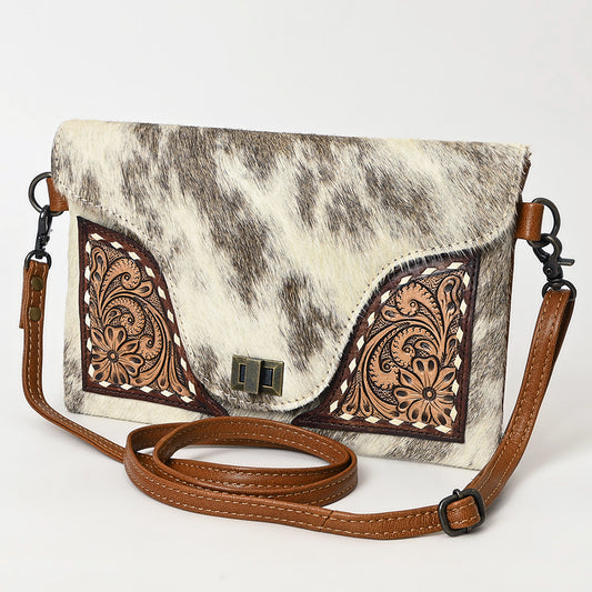 ADBG1497 American Darling Hair-on Cowhide Leather Envelope Bag - Hand-Tooled Floral Western Crossbody