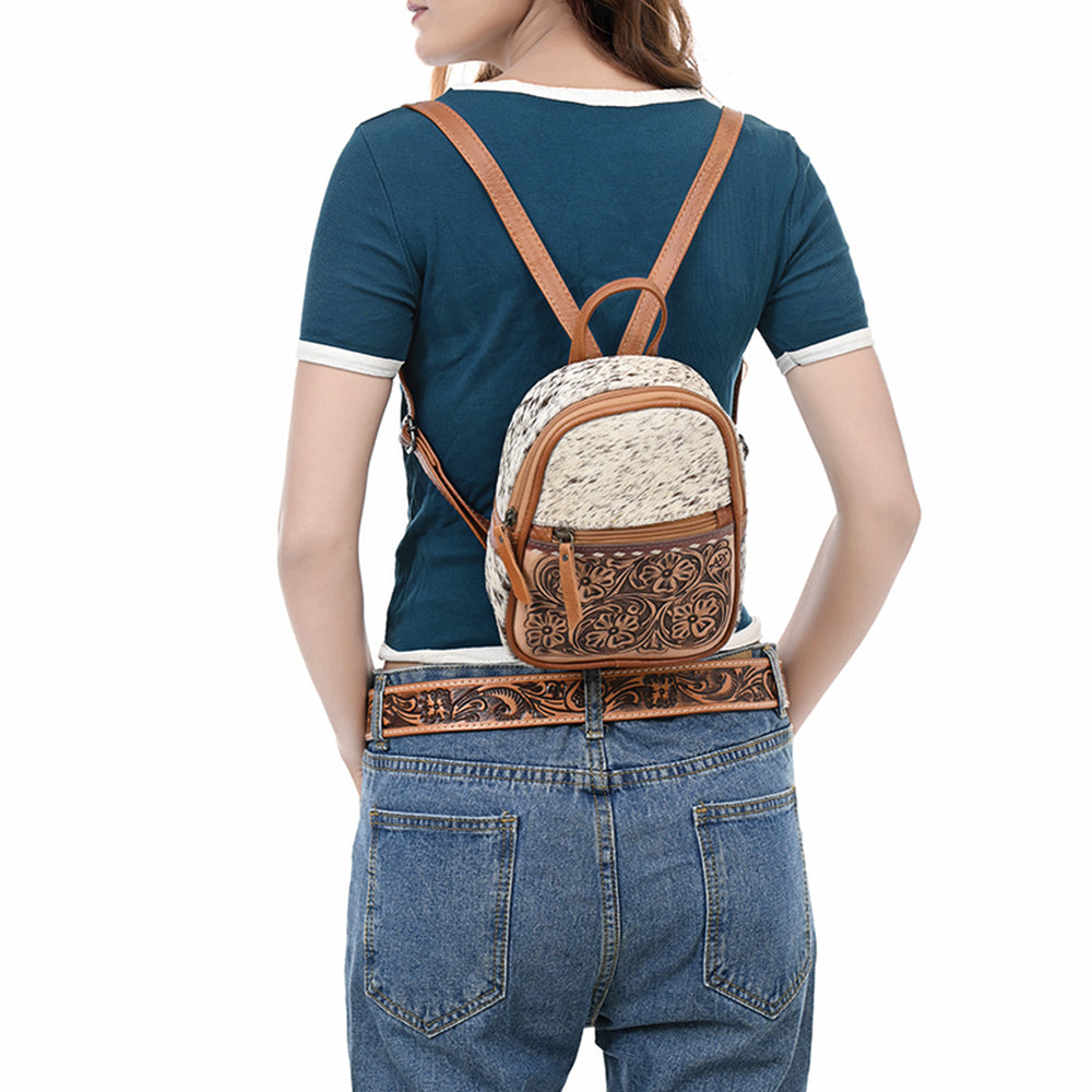 ADBG1499 American Darling Western Leather Backpack Bag with Hair-On Cowhide & Hand-Tooled Details