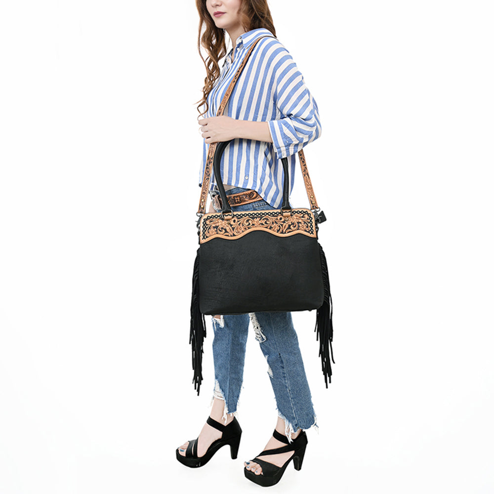 ADBG1500 American Darling Western Leather Tote Bag with with Hand Tooled Panel & Fringe