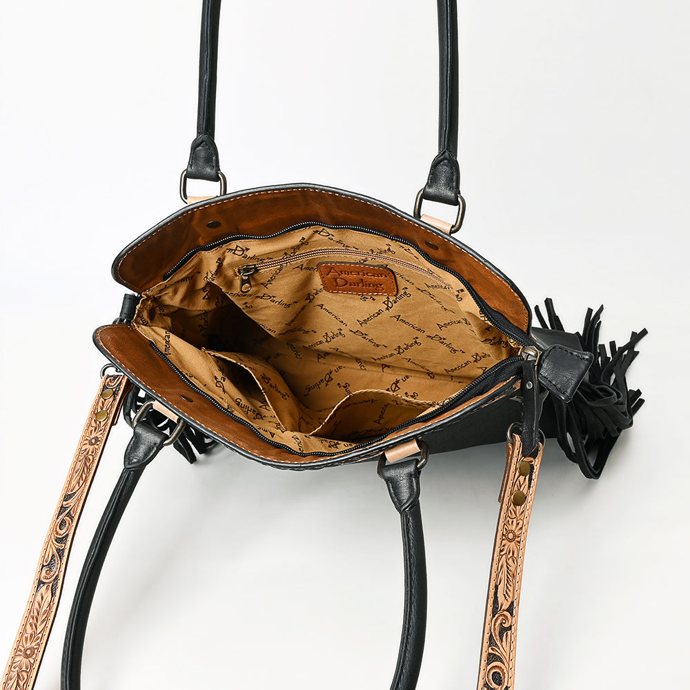 ADBG1500 American Darling Western Leather Tote Bag with with Hand Tooled Panel & Fringe