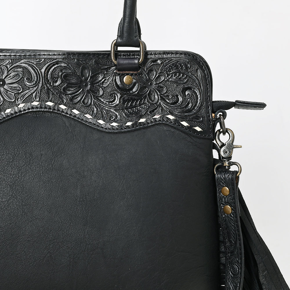 ADBG1501 American Leather Western Leather Tote Bag with Hand-Tooled Floral Panel & Fringe Details