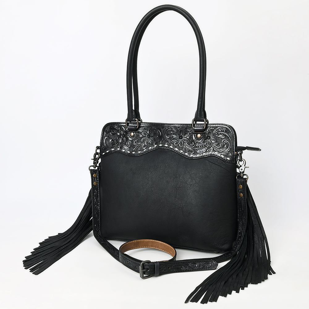 ADBG1501 American Leather Western Leather Tote Bag with Hand-Tooled Floral Panel & Fringe Details