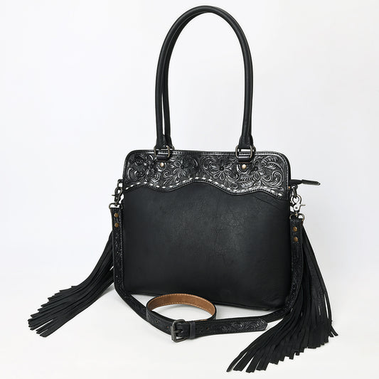 ADBG1501 American Leather Western Leather Tote Bag with Hand-Tooled Floral Panel & Fringe Details
